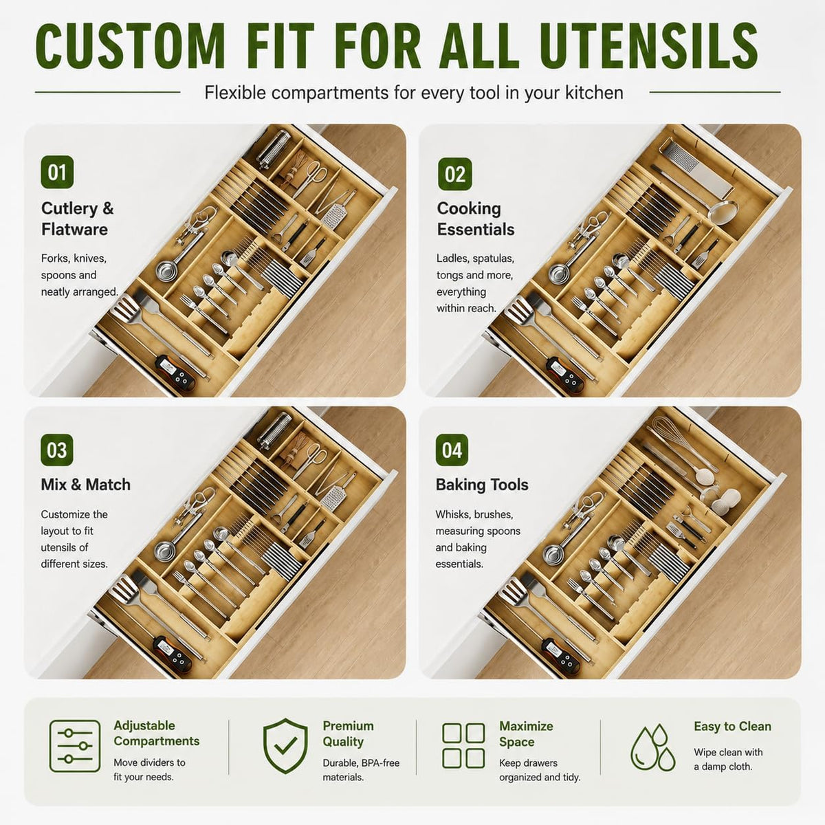 Bamboo Expandable Kitchen Drawer Organizer, 17.7-29.5 in,Natural