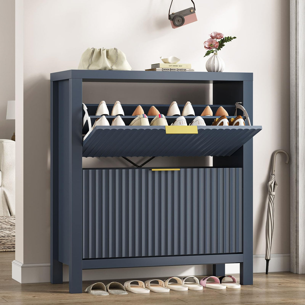 47" Fluted Shoe Cabinet Stoarge with 4 Flip Drawers for Entryway, Hallway
