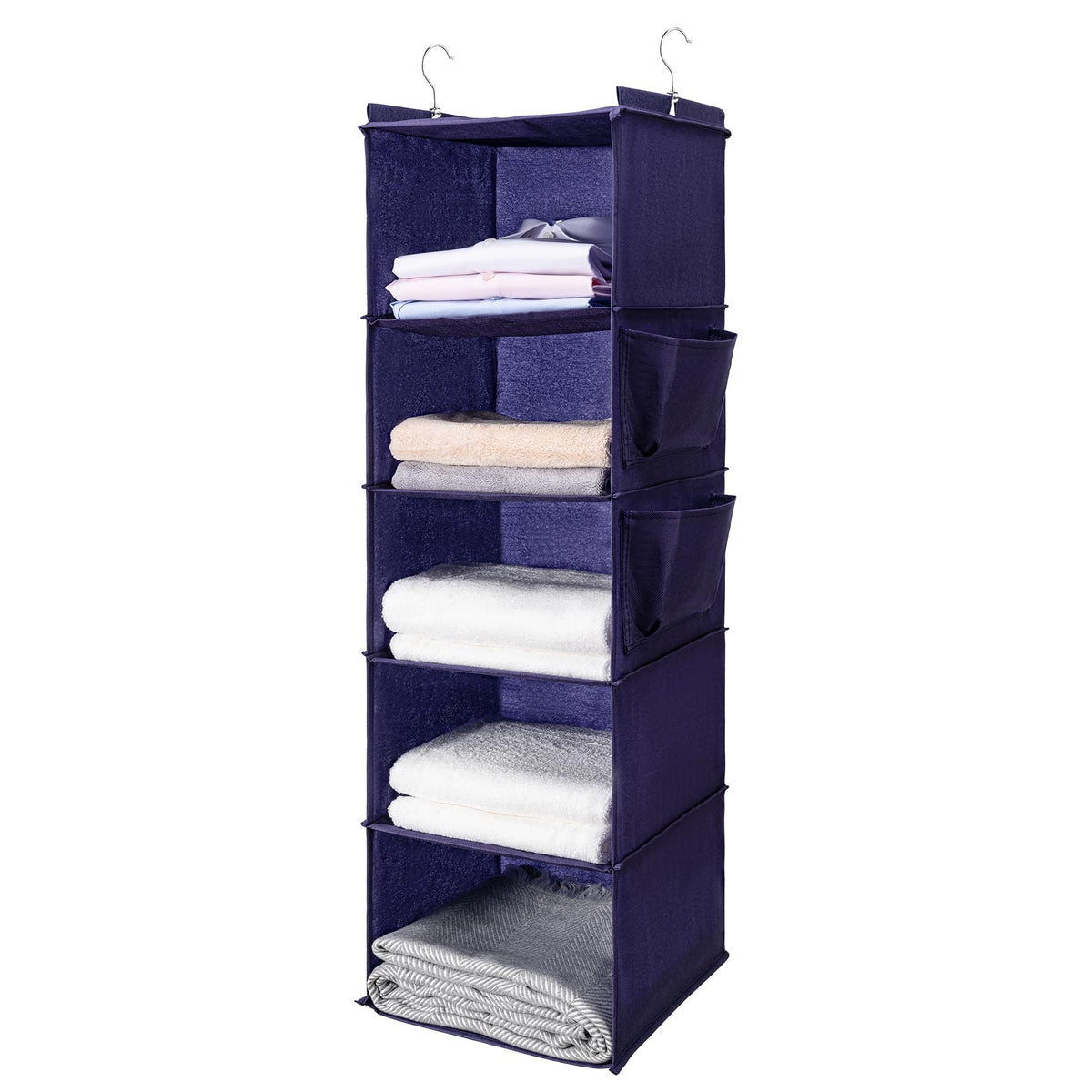 BOOMIBOO Hanging Closet Organize and Shelves,5-Hanging Shelf with 2 Side Pockets,Storage Foldable (Grey)