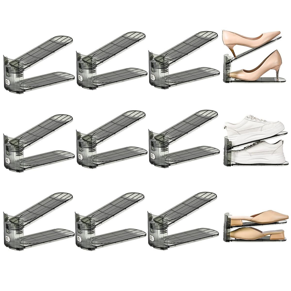 12 Pack Shoe Slots Organizer Adjustable Level Shoe Stacker Holder Storage Space Saving Sneakers Display Tray Rack for Closet