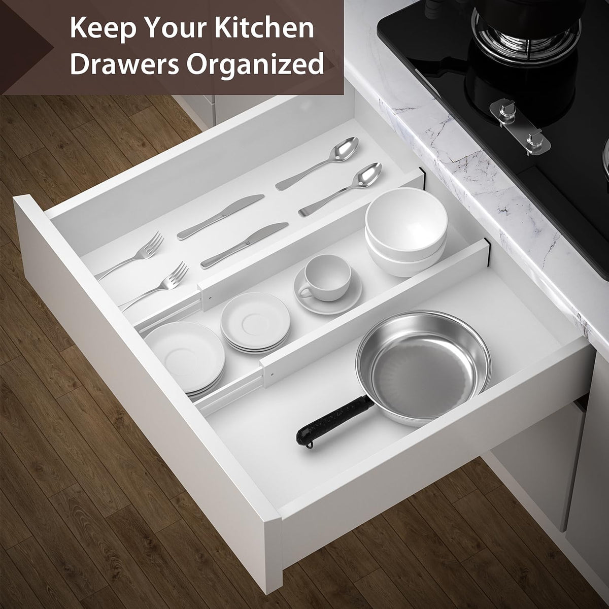 4 Pack Bamboo Drawer Dividers 17-22" Adjustable Kitchen Organizer, White