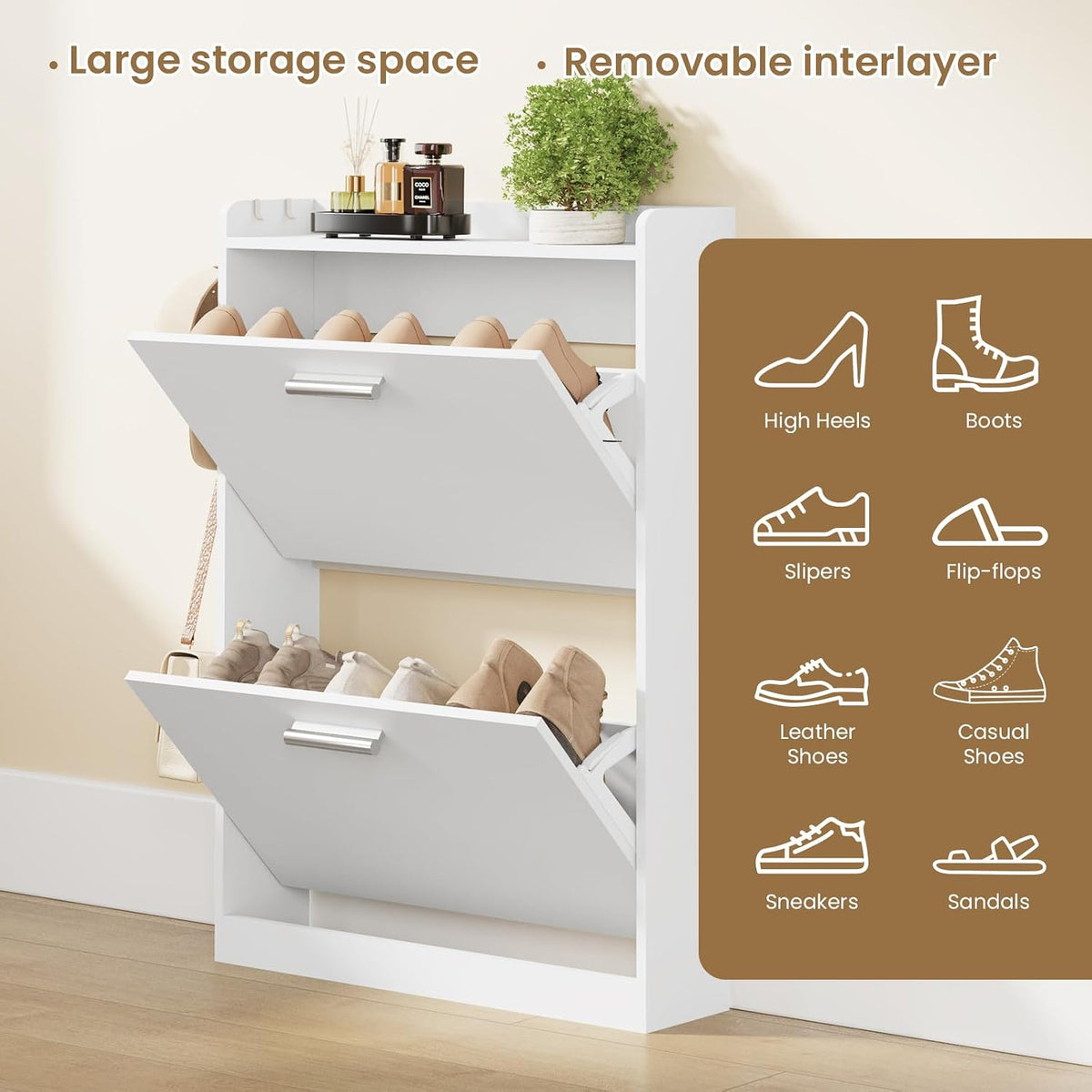 Slim Shoe Cabinet for Entryway with 2 Flip Drawers, 23.6" W White
