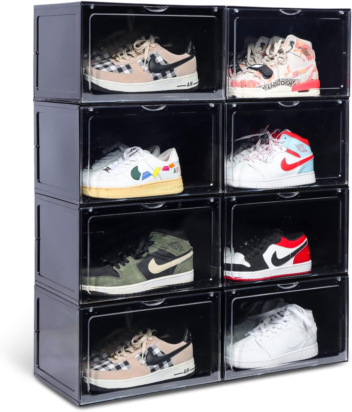 XL clear shoe storage boxes stackable, 8 Pack Large Shoe Boxes Clear Plastic Stackable, Drop side Sneaker Container Fit Size 13 (Black 8 Pack)