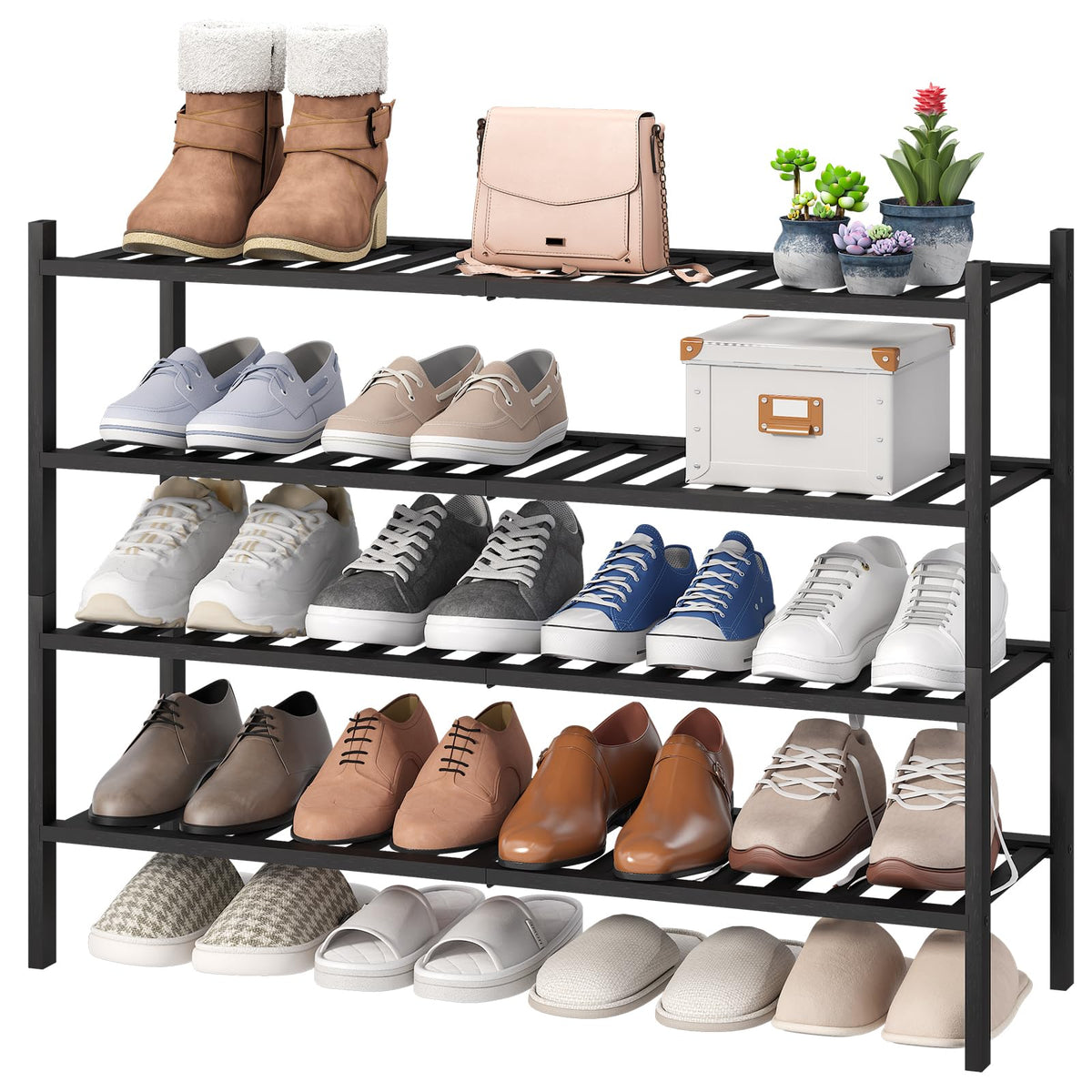 viewcare 4-Tier Bamboo Shoe Rack for Entryway, Stackable | Foldable | Natural, Shoe Organizer for Hallway Closet, Free Standing Shoe Racks for Indoor Outdoor