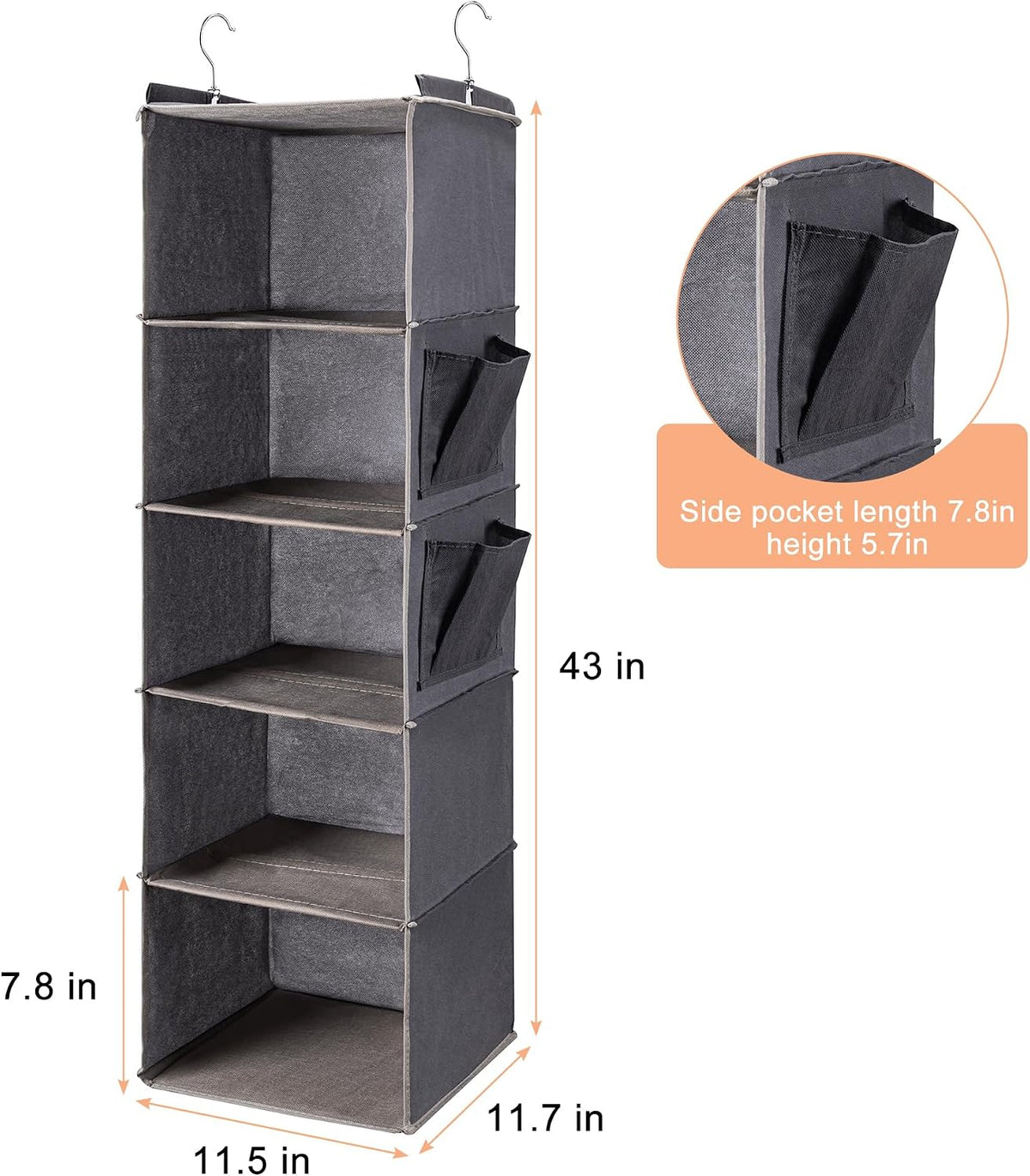 BOOMIBOO Hanging Closet Organize and Shelves,5-Hanging Shelf with 2 Side Pockets,Storage Foldable (Grey)