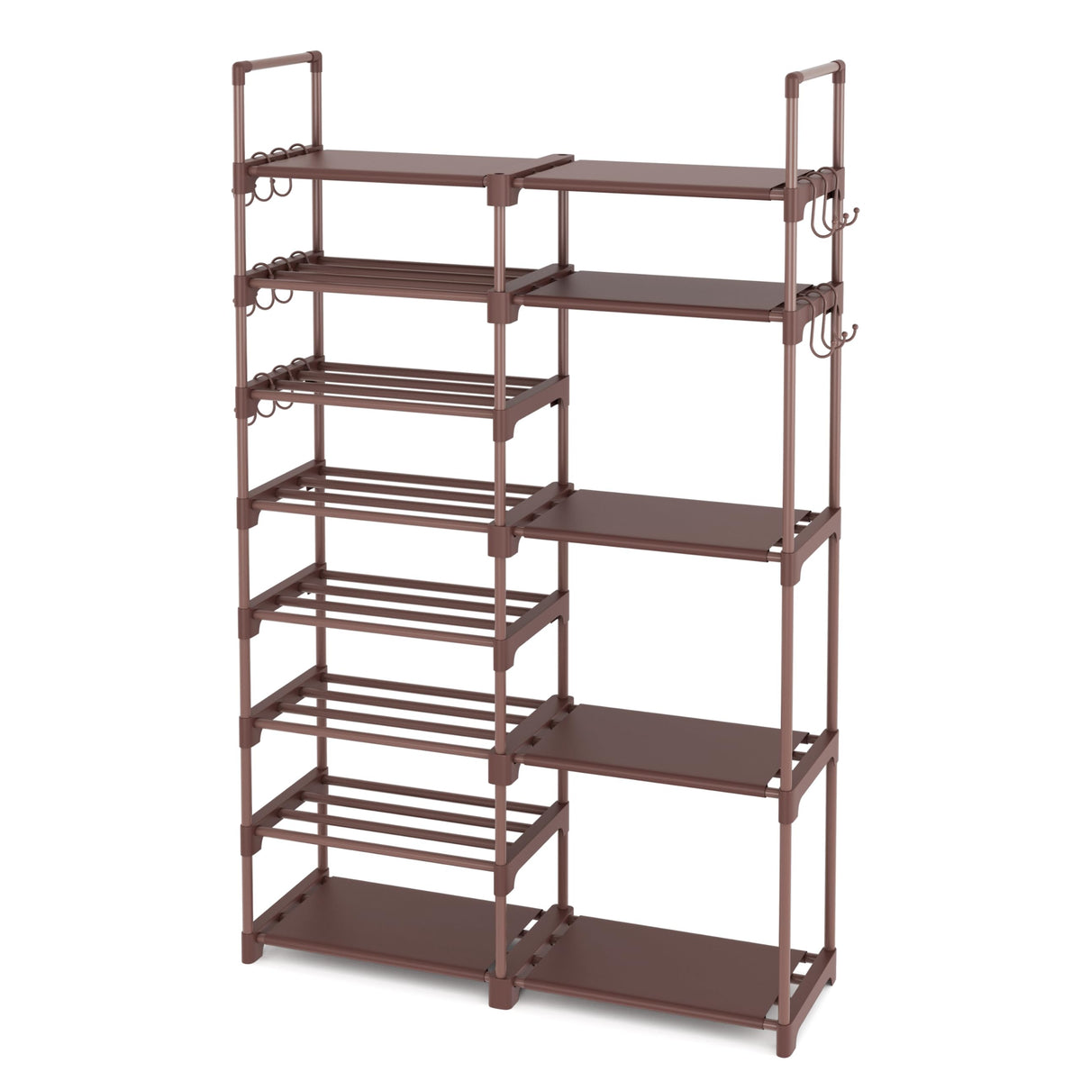ROJASOP Shoe Rack Organizer, 8-Tier Metal Shoe Rack for Closet Entryway Garage, 26-32 Pairs Tall Shoe Boot Storage Shelf with 15 Hooks, Stackable Large Shoe Stand