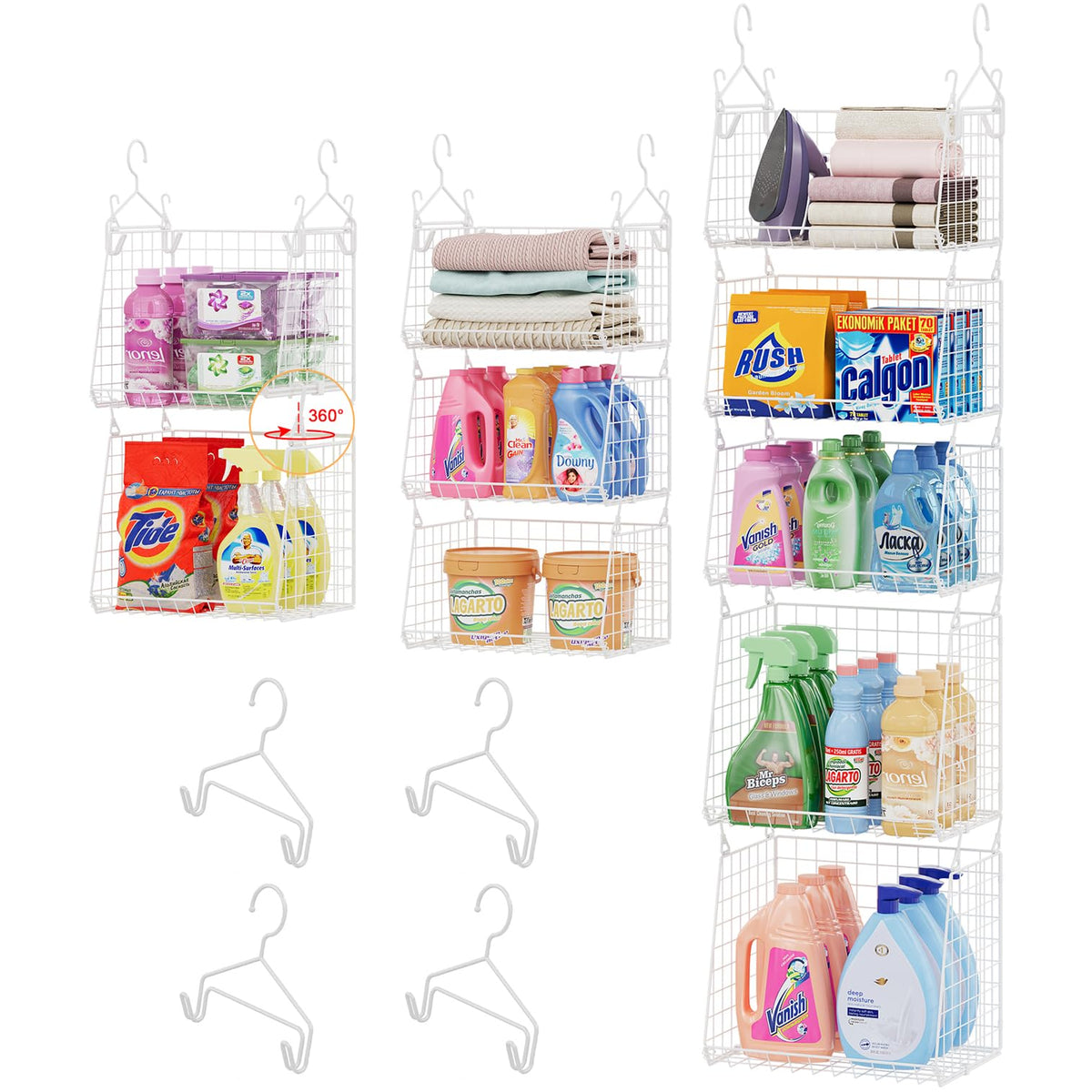 3-Tier Hanging Laundry Basket Organizer:Foldable Wire Shelf Laundry Room Organizer with 360°Rotating Hooks Small Space Solutions Closet Hanging Organizer - Laundry Organization, White Patent