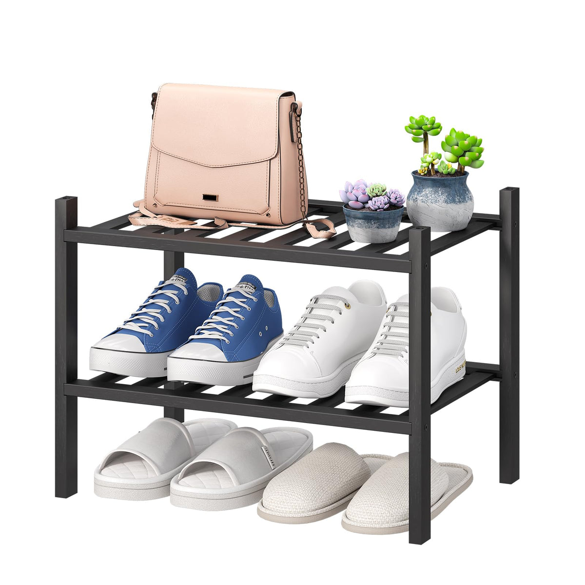 viewcare 4-Tier Bamboo Shoe Rack for Entryway, Stackable | Foldable | Natural, Shoe Organizer for Hallway Closet, Free Standing Shoe Racks for Indoor Outdoor