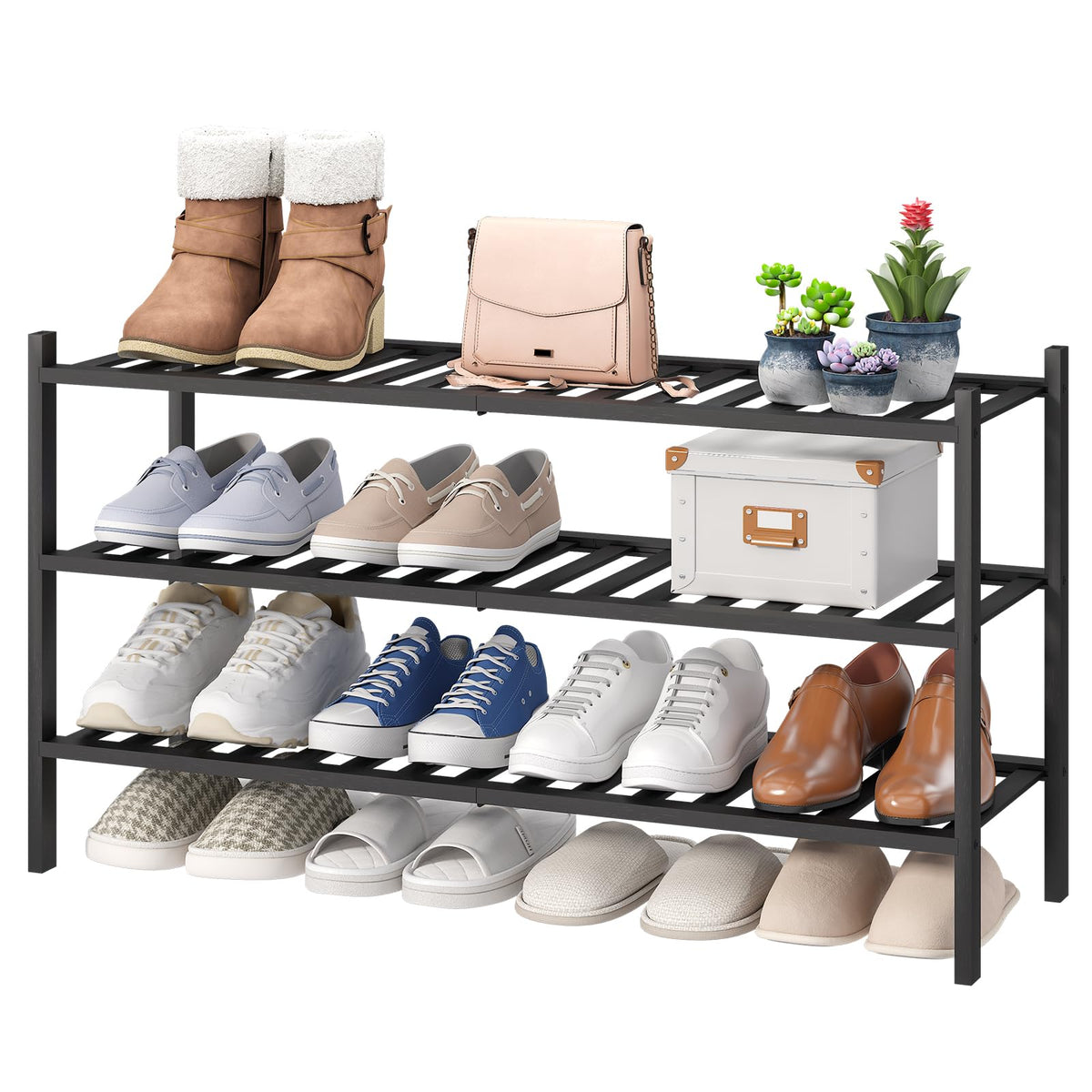 viewcare 4-Tier Bamboo Shoe Rack for Entryway, Stackable | Foldable | Natural, Shoe Organizer for Hallway Closet, Free Standing Shoe Racks for Indoor Outdoor