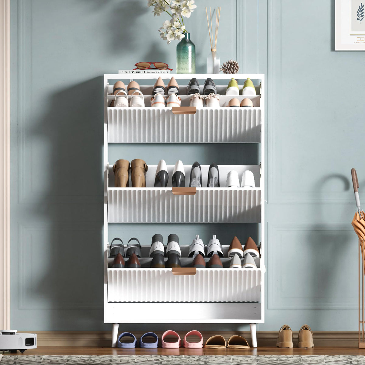 Shoe Cabinet Storage, Modern Freestanding Organizer with 2 Flip Drawers, Narrow Shoe Rack for Entryway, Walnut