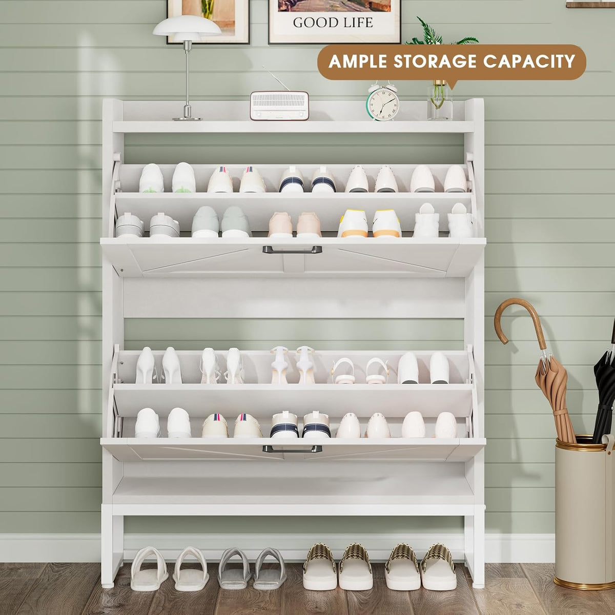GRUSIGN Shoe Cabinet, Shoe Storage Cabinet with 2 Flip Drawers & Adjustable Shelf, Space-Saving Shoe Organizer – Holds 16+ Pairs, Narrow Shoe Cabinet Storage for Entryway/Hallway(White)