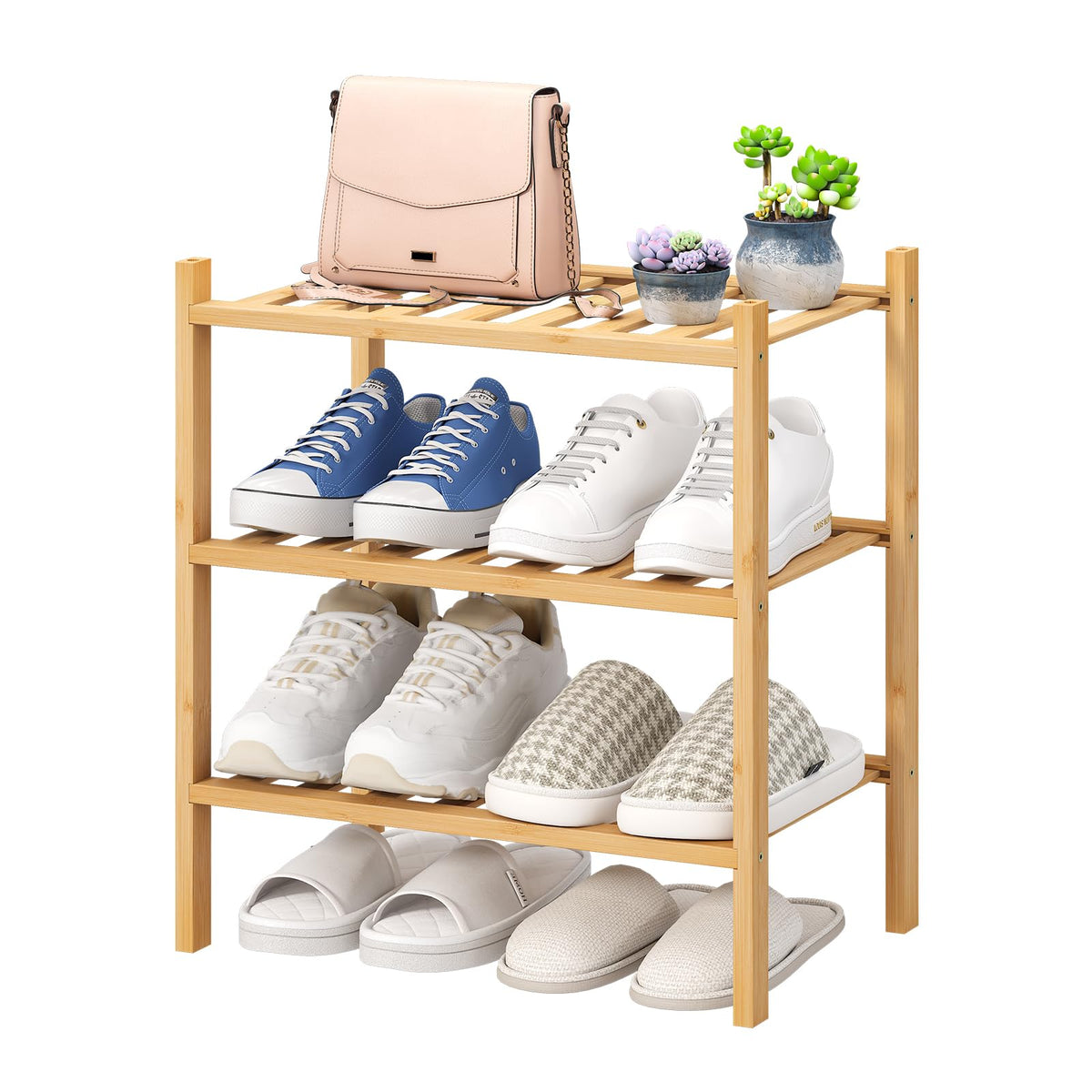 viewcare 4-Tier Bamboo Shoe Rack for Entryway, Stackable | Foldable | Natural, Shoe Organizer for Hallway Closet, Free Standing Shoe Racks for Indoor Outdoor