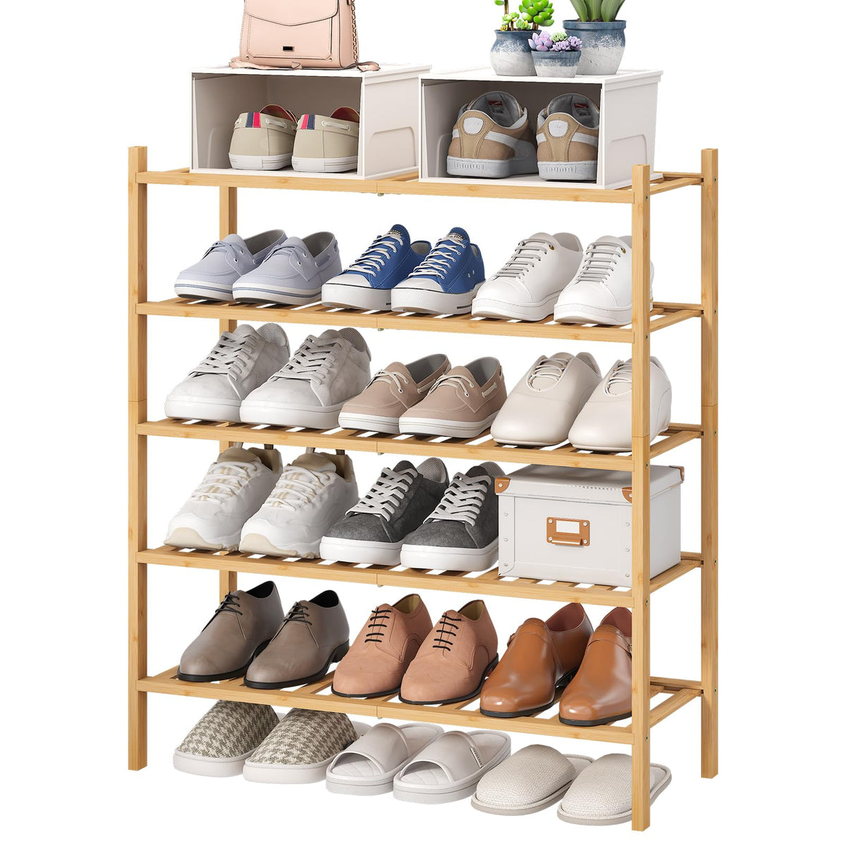 viewcare 4-Tier Bamboo Shoe Rack for Entryway, Stackable | Foldable | Natural, Shoe Organizer for Hallway Closet, Free Standing Shoe Racks for Indoor Outdoor
