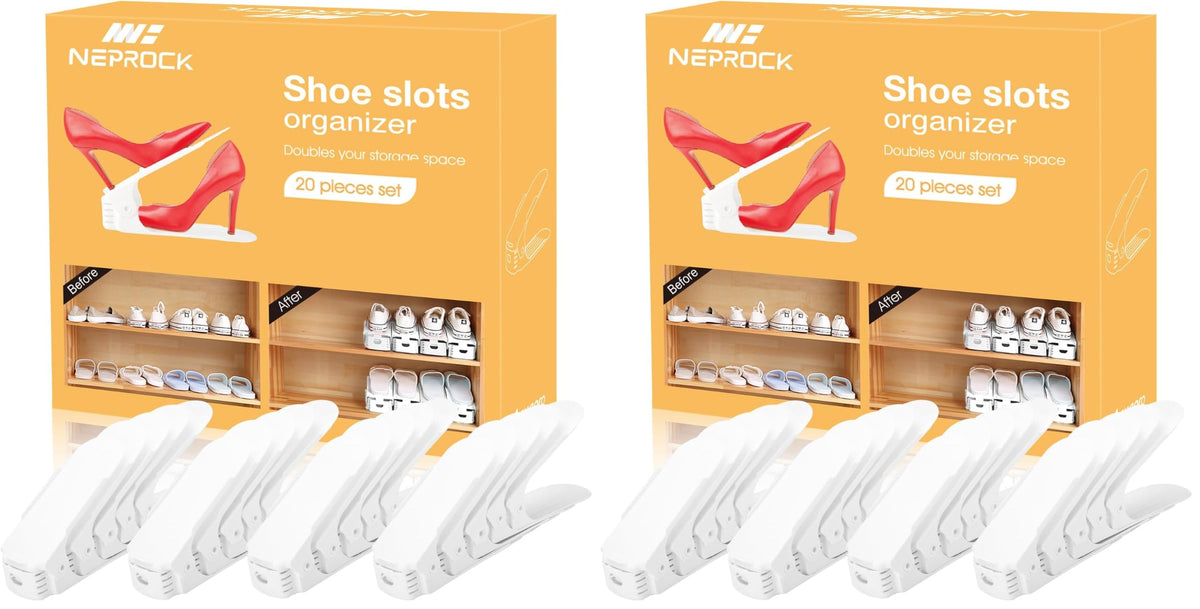 Neprock Shoe Slots Organizer, 20 Pack Adjustable Shoe Rack Stacker Storage Space Saver, Double Deck Shoe Rack Holder for Closet Organization (White)
