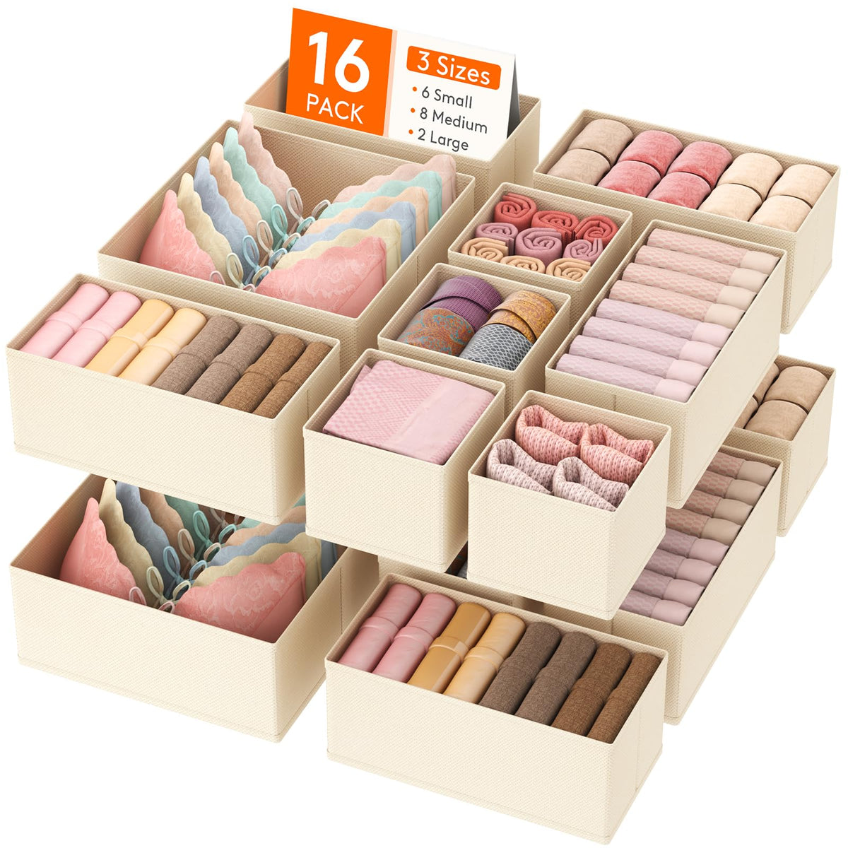 Lifewit Drawer Organizer Clothes for Closet, Light Gray, 16 Pack