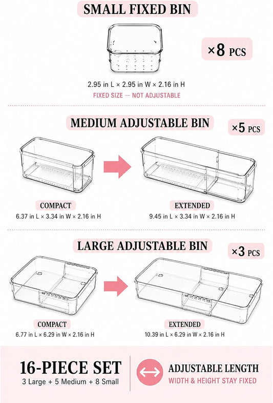 Adjustable Clear Drawer Storage Organizer, 16 Pack 3 Sizes Expandable Plastic Storage Boxes for Kitchen, Bathroom, Vanity, Office, Makeup, Desk and Closet Organization