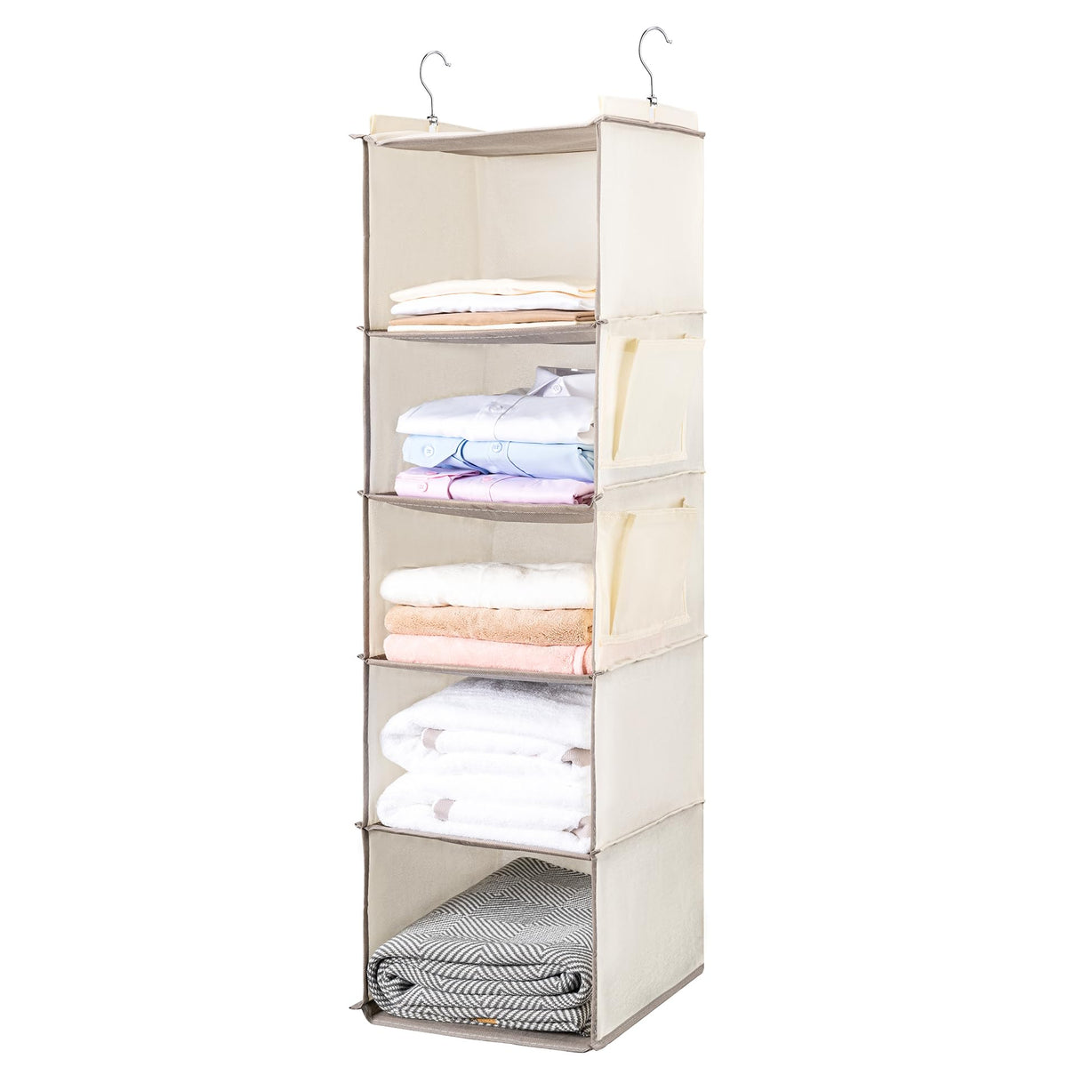 BOOMIBOO Hanging Closet Organize and Shelves,5-Hanging Shelf with 2 Side Pockets,Storage Foldable (Grey)