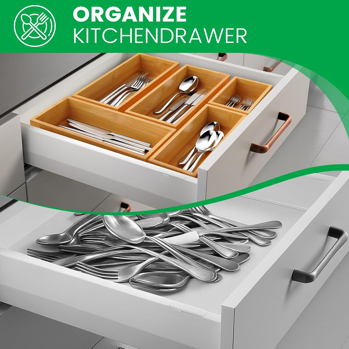 Bamboo Drawer Organizer Set, 5-Piece Storage Trays for Kitchen, Bathroom, Office Desk, Makeup & Junk Drawers,Utensils