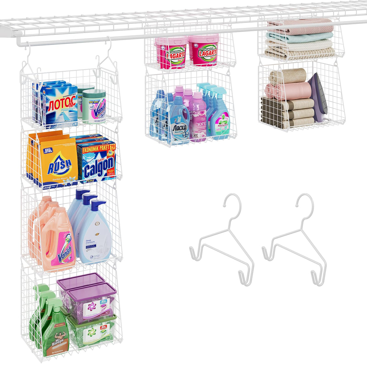 3-Tier Hanging Laundry Basket Organizer:Foldable Wire Shelf Laundry Room Organizer with 360°Rotating Hooks Small Space Solutions Closet Hanging Organizer - Laundry Organization, White Patent