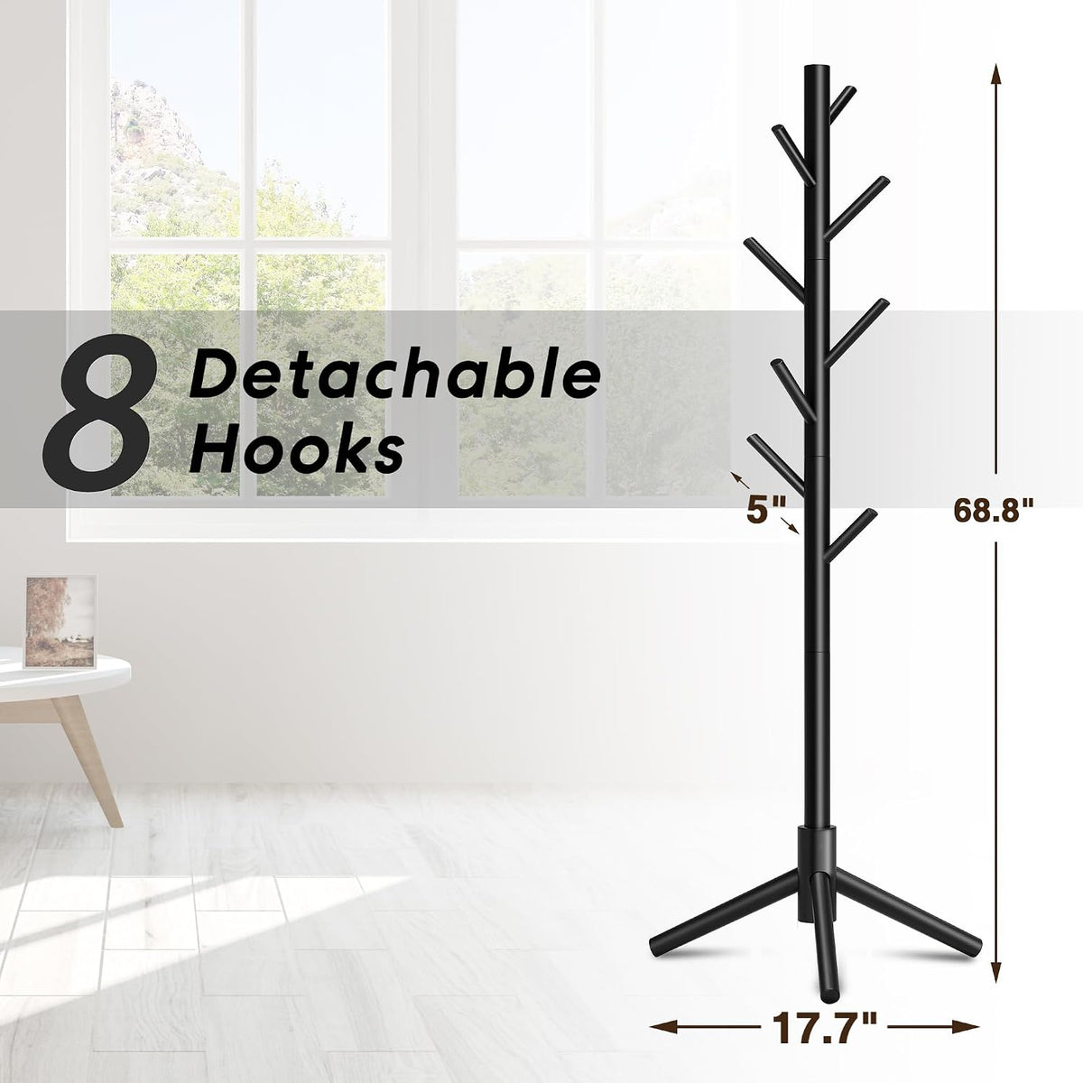 8-Hook Freestanding Coat Rack 3 Adjustable Heights Sturdy Black