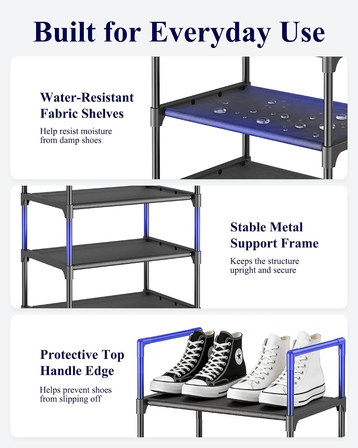 Kitsure Shoe Rack - 10-Tier Shoe Organizer with Detachable Fabric Shelves & Metal Frame, Tall Shoe Rack for Closet, Entryway, Living Room, 16.9" Wide - 10 Tier, Black