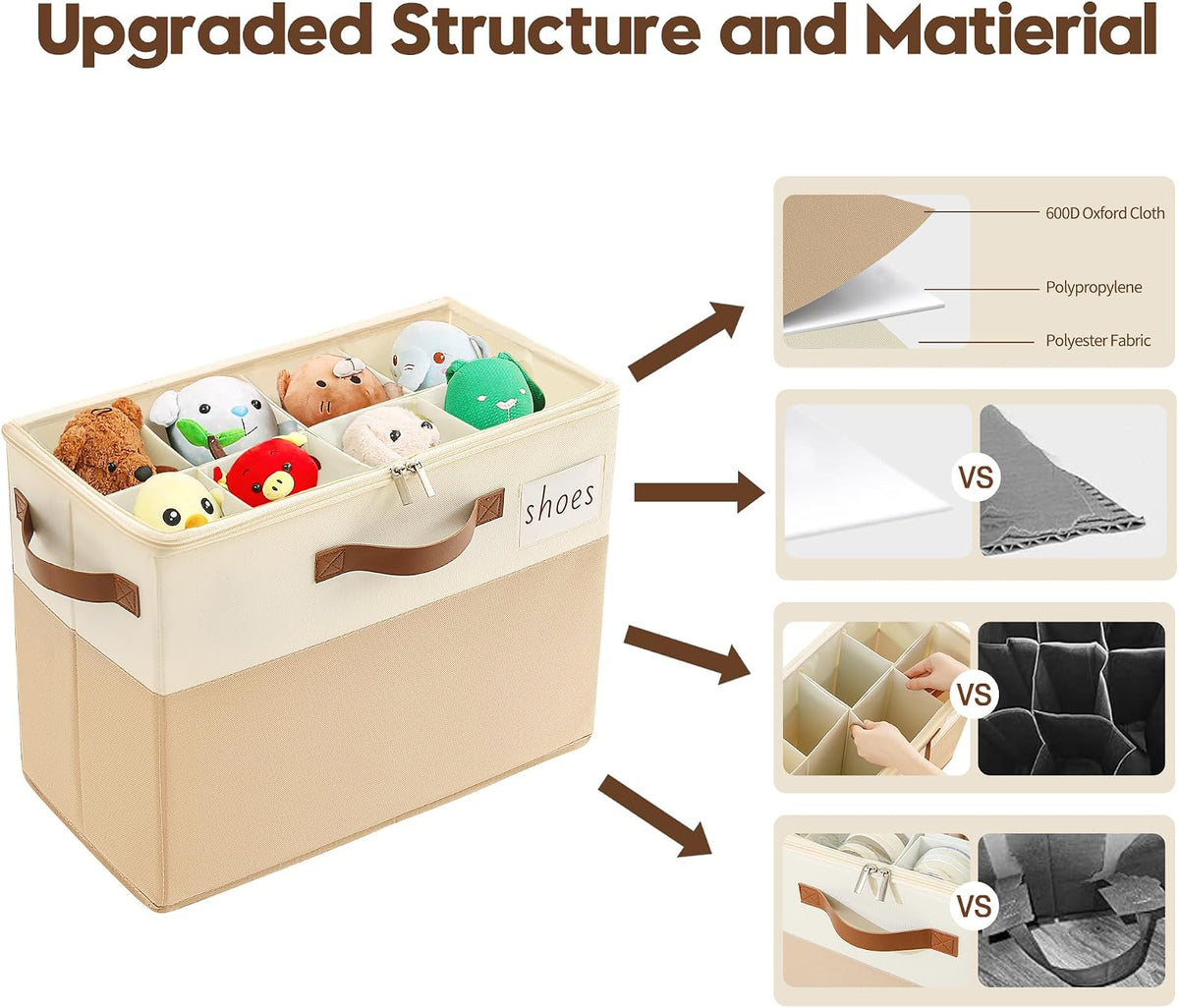Varhomax Shoe Organizer Box for Closet, Small Fabric Shoe Storage Bin with Adjustable Dividers & Clear Cover, Saving Space Sneakers & Sandals Containers for Entryway, Cubby
