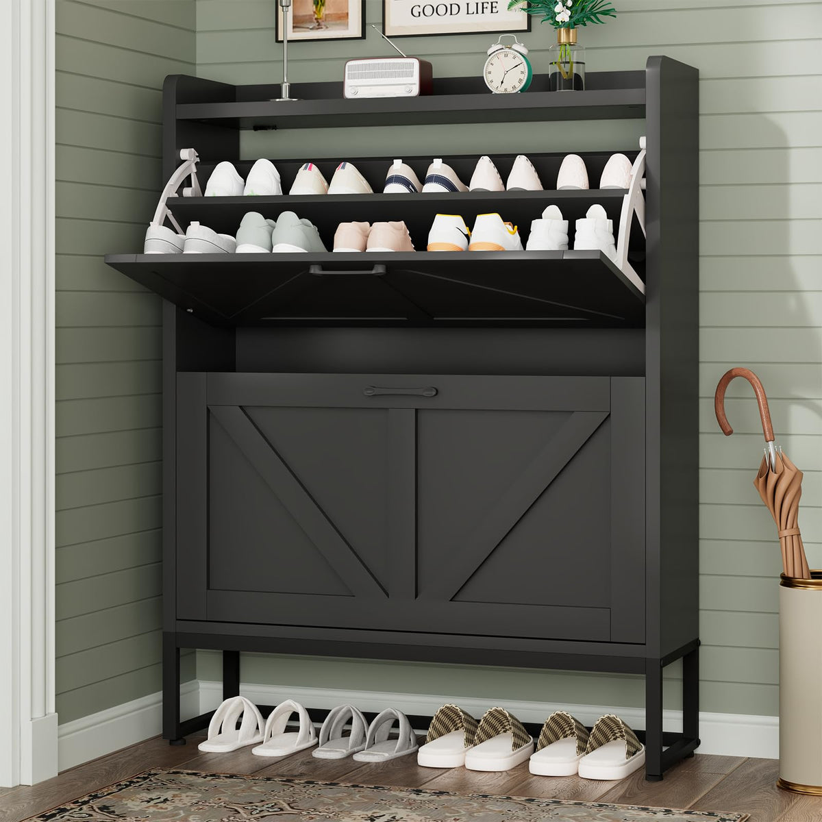 GRUSIGN Shoe Cabinet, Shoe Storage Cabinet with 2 Flip Drawers & Adjustable Shelf, Space-Saving Shoe Organizer – Holds 16+ Pairs, Narrow Shoe Cabinet Storage for Entryway/Hallway(White)