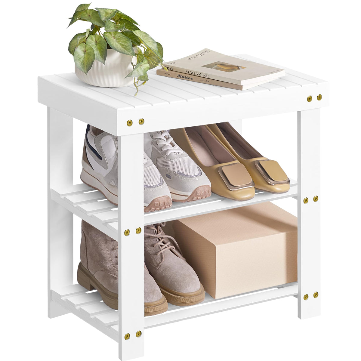 SONGMICS Shoe Rack Bench, 3-Tier Bamboo Entryway Bench, 27.6 Inches Width