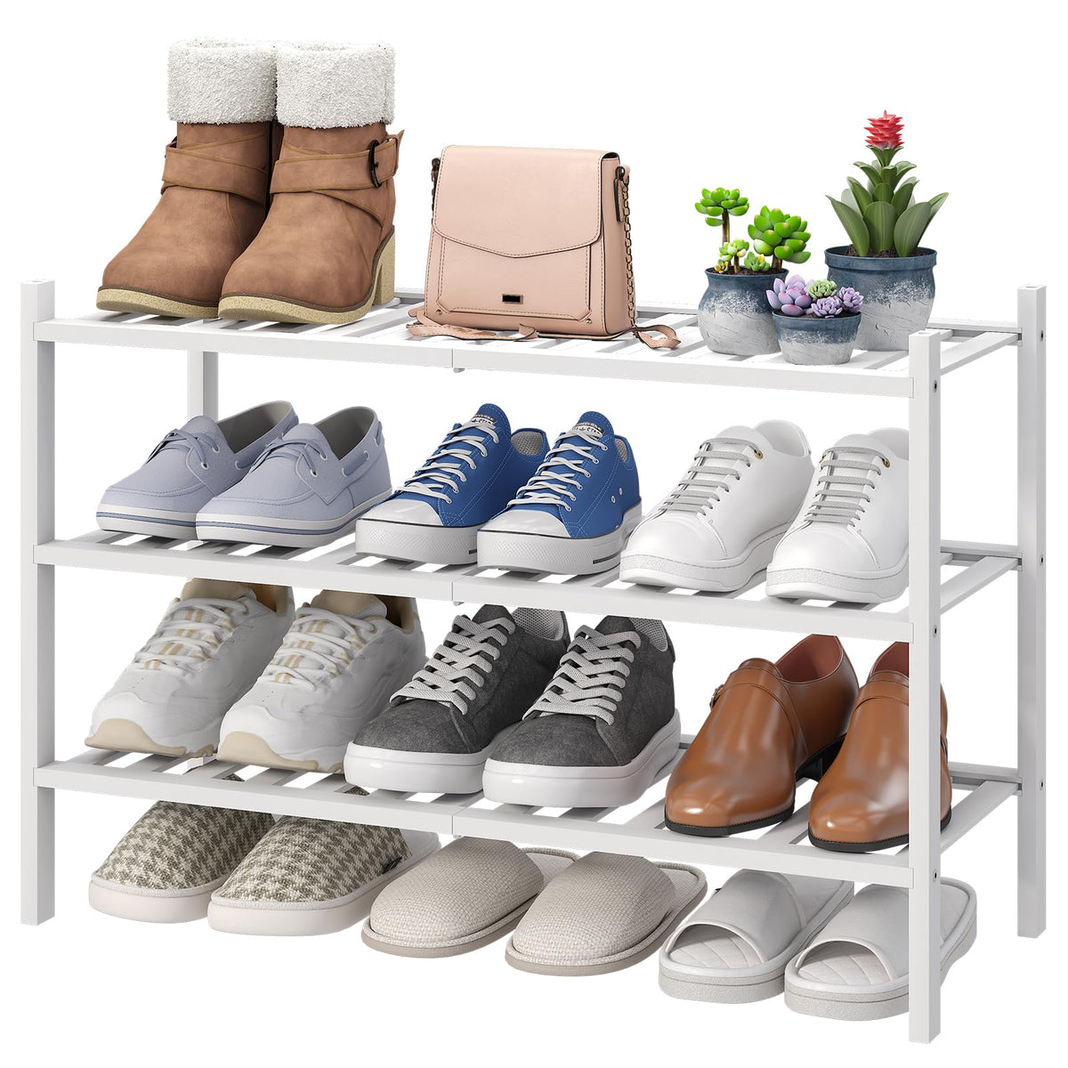 viewcare 4-Tier Bamboo Shoe Rack for Entryway, Stackable | Foldable | Natural, Shoe Organizer for Hallway Closet, Free Standing Shoe Racks for Indoor Outdoor