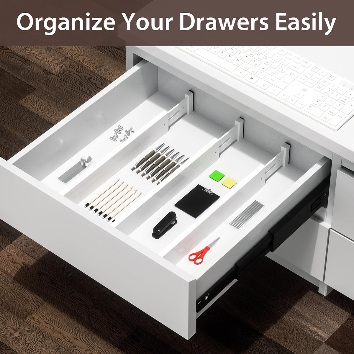 4 Pack Bamboo Drawer Dividers 17-22" Adjustable Kitchen Organizer, White