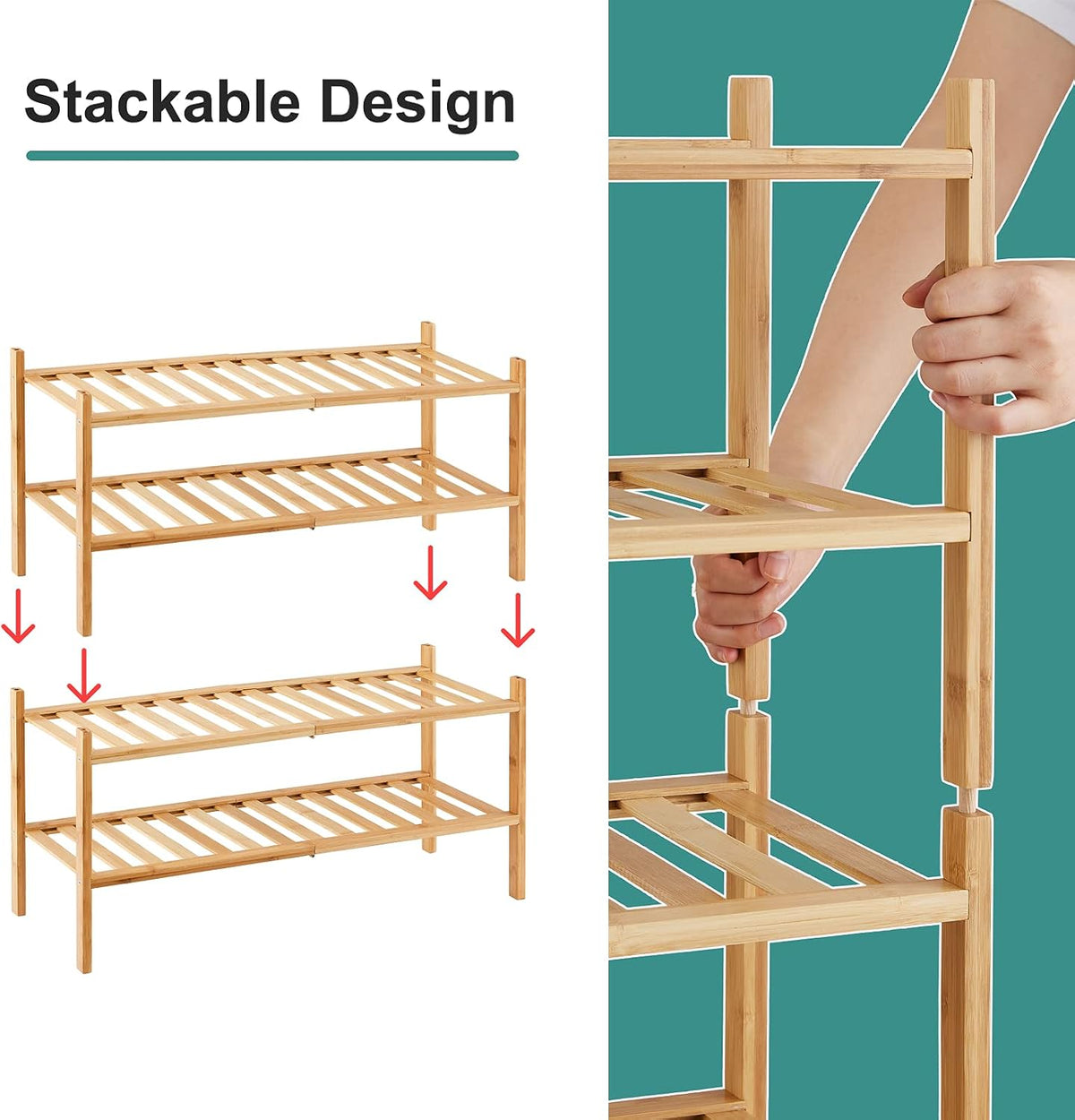 viewcare 4-Tier Bamboo Shoe Rack for Entryway, Stackable | Foldable | Natural, Shoe Organizer for Hallway Closet, Free Standing Shoe Racks for Indoor Outdoor