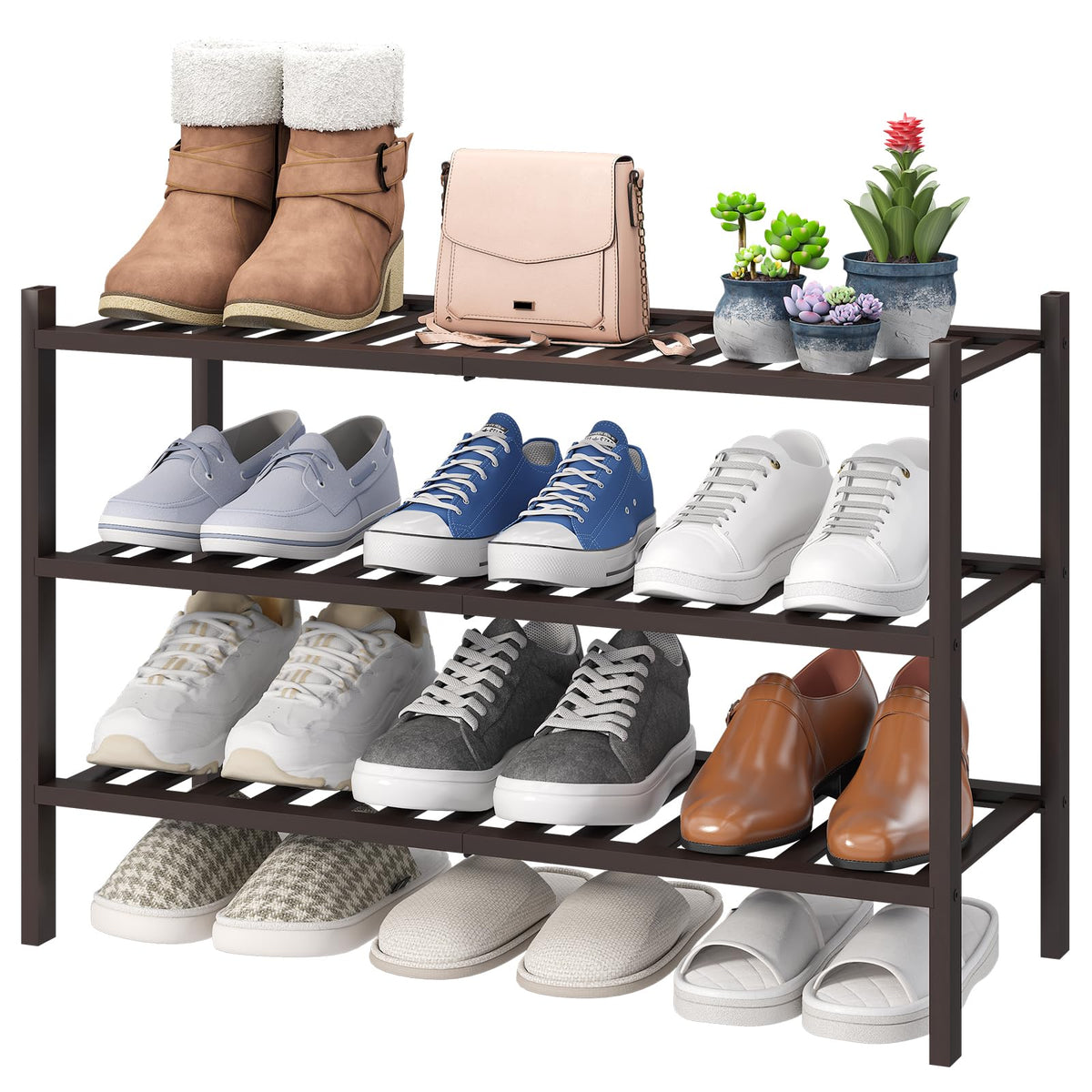 viewcare 4-Tier Bamboo Shoe Rack for Entryway, Stackable | Foldable | Natural, Shoe Organizer for Hallway Closet, Free Standing Shoe Racks for Indoor Outdoor