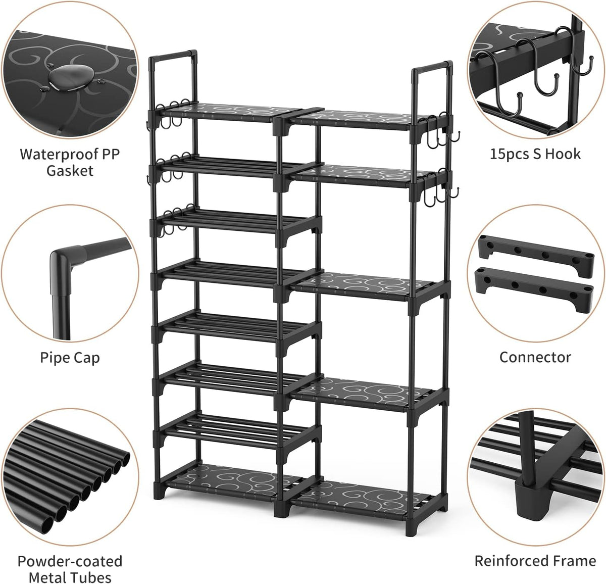 ROJASOP Shoe Rack Organizer, 8-Tier Metal Shoe Rack for Closet Entryway Garage, 26-32 Pairs Tall Shoe Boot Storage Shelf with 15 Hooks, Stackable Large Shoe Stand