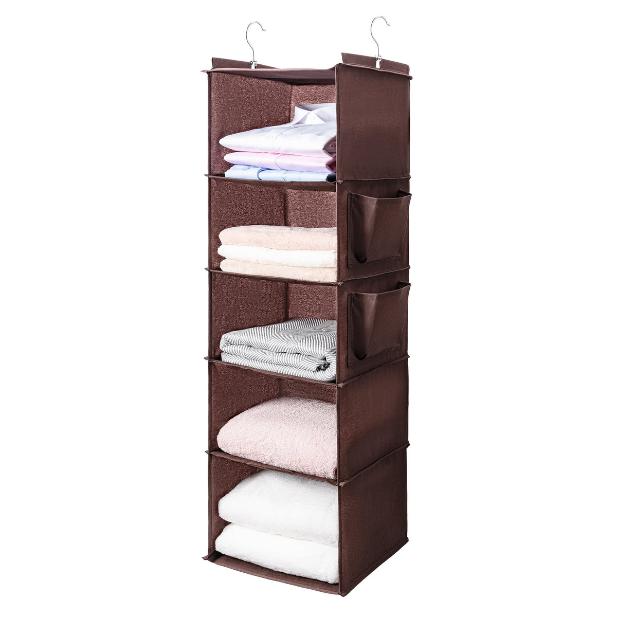 BOOMIBOO Hanging Closet Organize and Shelves,5-Hanging Shelf with 2 Side Pockets,Storage Foldable (Grey)