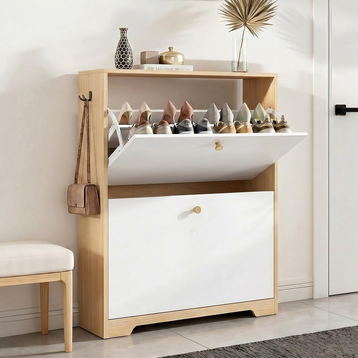 Nicetree Shoe Cabinet with 3 Flip Drawers, Modern Entryway Organizer, White