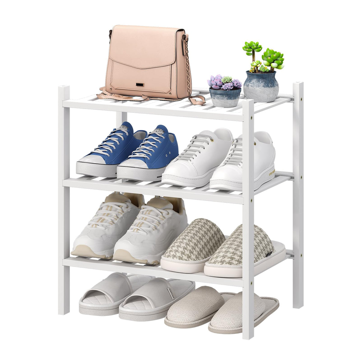 viewcare 4-Tier Bamboo Shoe Rack for Entryway, Stackable | Foldable | Natural, Shoe Organizer for Hallway Closet, Free Standing Shoe Racks for Indoor Outdoor