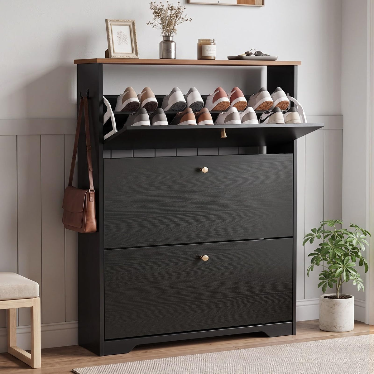 Nicetree Shoe Cabinet with 3 Flip Drawers, Modern Entryway Organizer, White