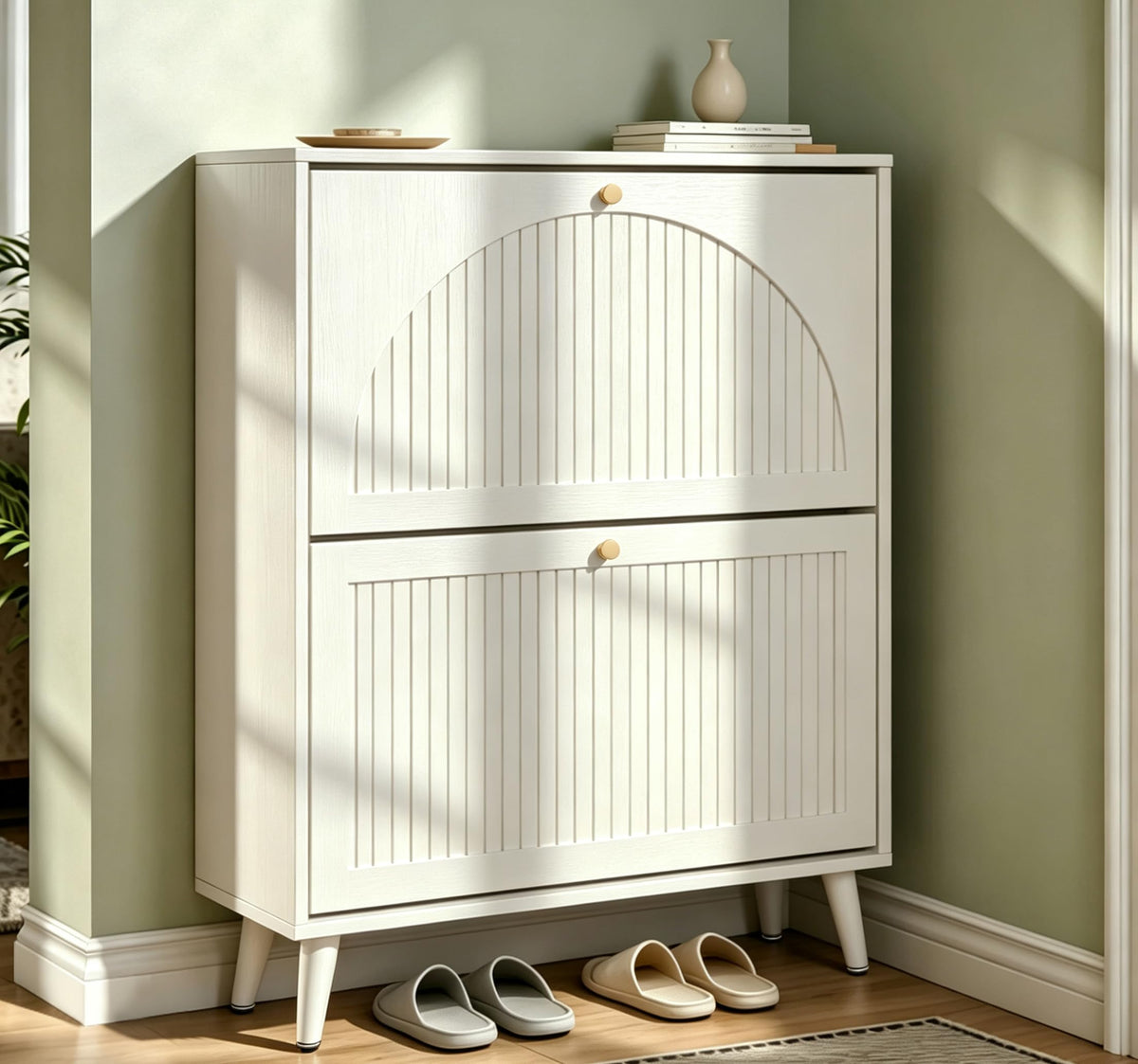 Fsbecl Shoe Storage Cabinet for Entryway with 2 Fluted Flip Drawers, Walnut