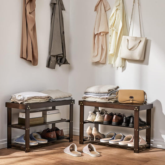 Pipishell 3 Tier Bamboo Shoe Rack Bench for Entryway, Brown