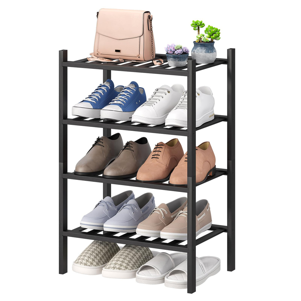 viewcare 4-Tier Bamboo Shoe Rack for Entryway, Stackable | Foldable | Natural, Shoe Organizer for Hallway Closet, Free Standing Shoe Racks for Indoor Outdoor