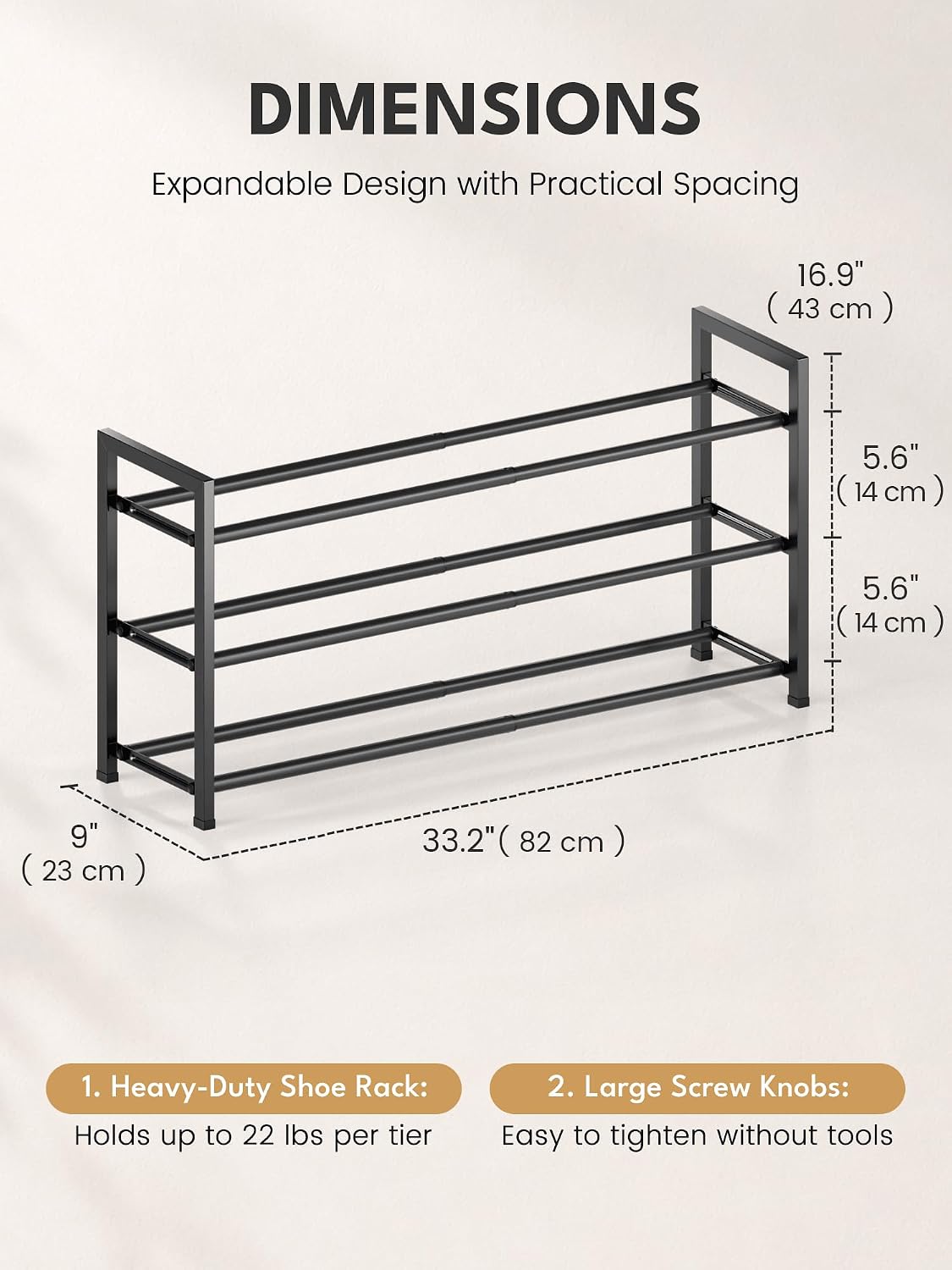 Bumusty 3 Tier Expandable Shoe Rack for Closet, Black