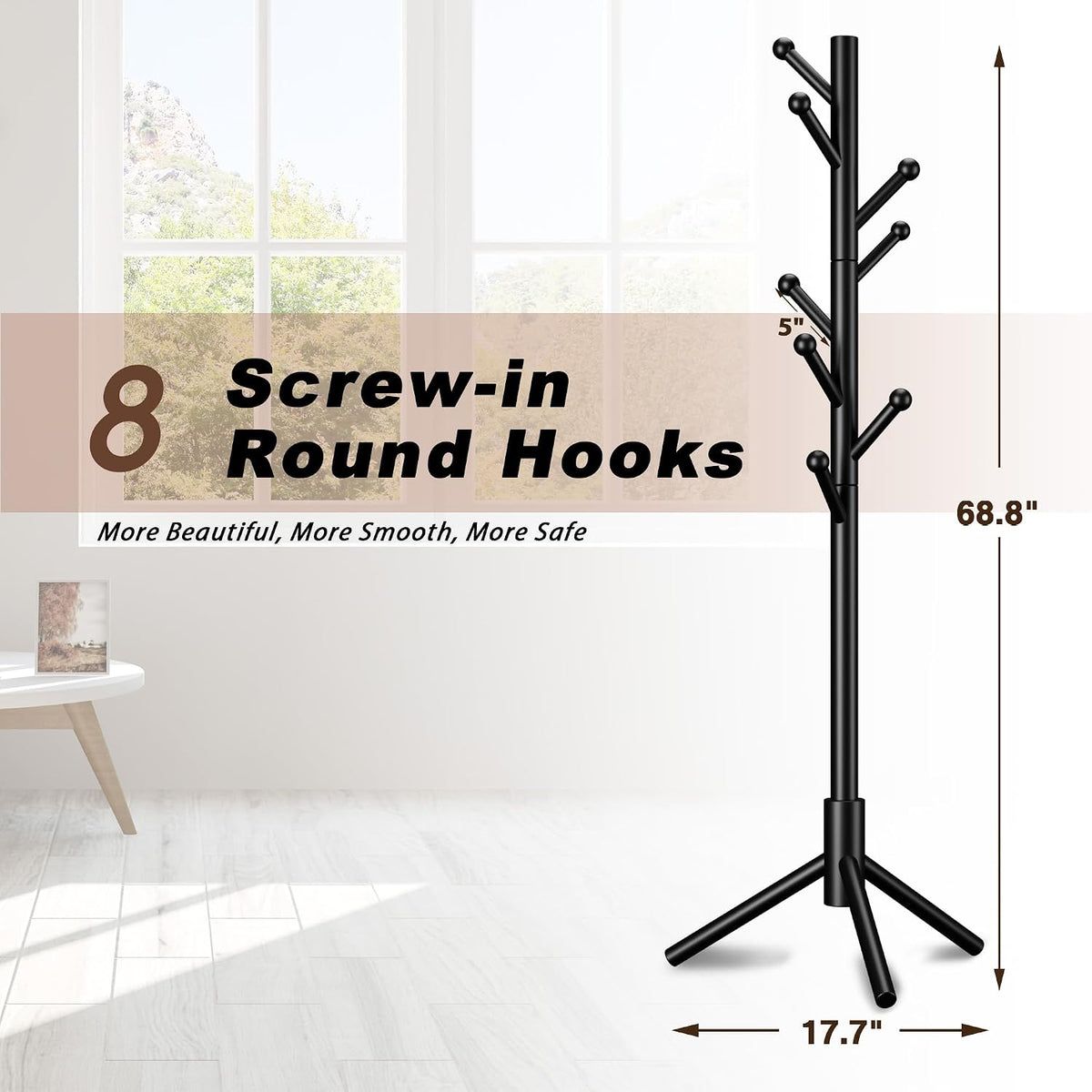 8-Hook Freestanding Coat Rack 3 Heights Safe Round Tips Black