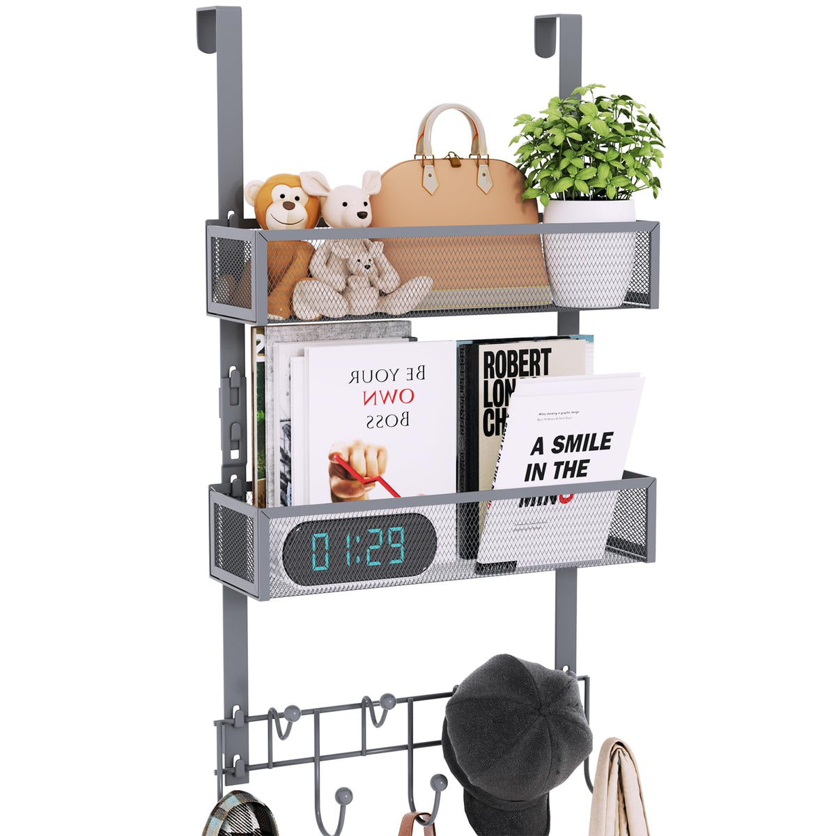 Consumest Over The Door Hooks Organizer - 3 Tier Door Hanger with 9 Coat Hooks & 2 Mesh Basket, Back Storage Organizer Hanging Towels for Bathroom, Bedroom, Black
