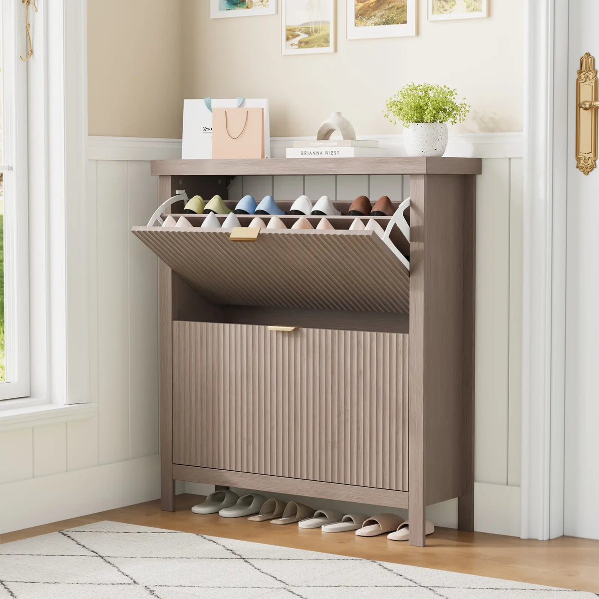 GARVEE 32.3" Narrow Wooden Shoe Storage Cabinet with 2 Flip Drawers - Slim Hidden Shoe Rack Organizer, Wall-Mount Option, Sturdy Base, Tilt-Out Design for Entryway, Small Spaces, Metal