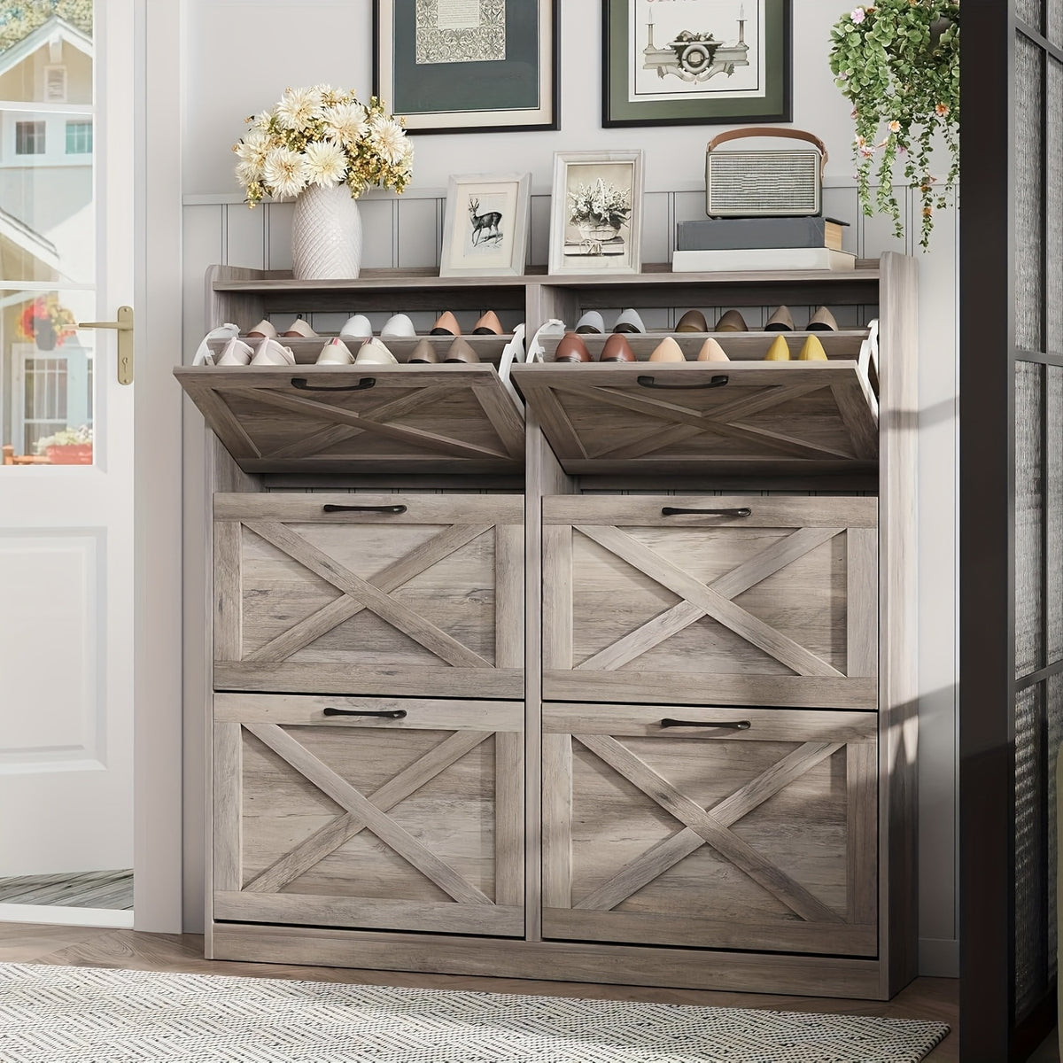 Washed Gray Shoe Storage Cabinet with 6 Flip Drawers | Narrow Freestanding Shoe Cabinet and Shoe Storage Organizer with Metal Handles for Entryway, Large Shoe Rack Organizer, Modern Farmhouse Style, Ideal for Shoe Racks, Made of Particle Board