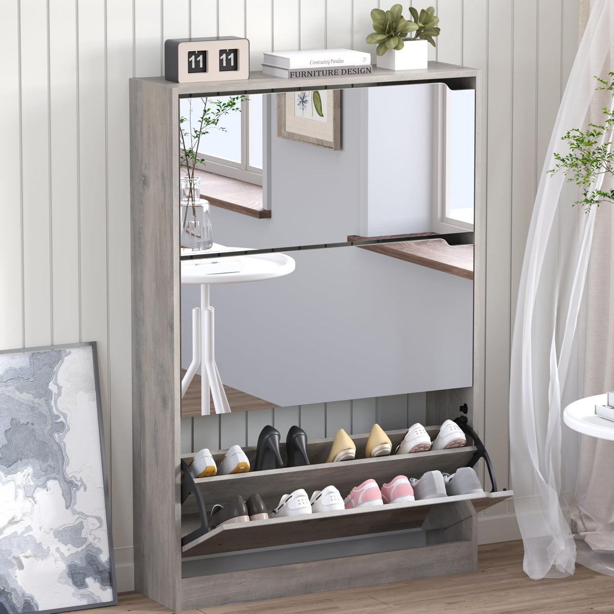 BORNOON Shoe Cabinet with 3 Flip Drawers, Hidden Wood Shoe Cabinet,Freestanding Shoe Storage Cabinet for Entryway Hallway.White. 47.2" H*31.5" W*9.45" D.