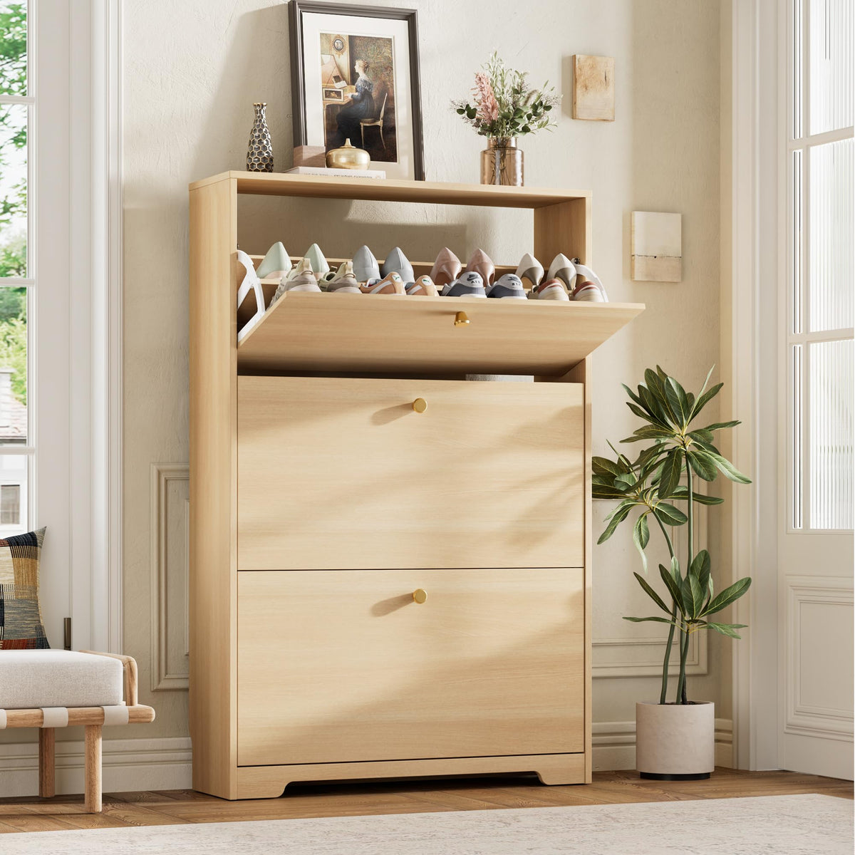 Nicetree Shoe Cabinet with 3 Flip Drawers, Modern Entryway Organizer, White