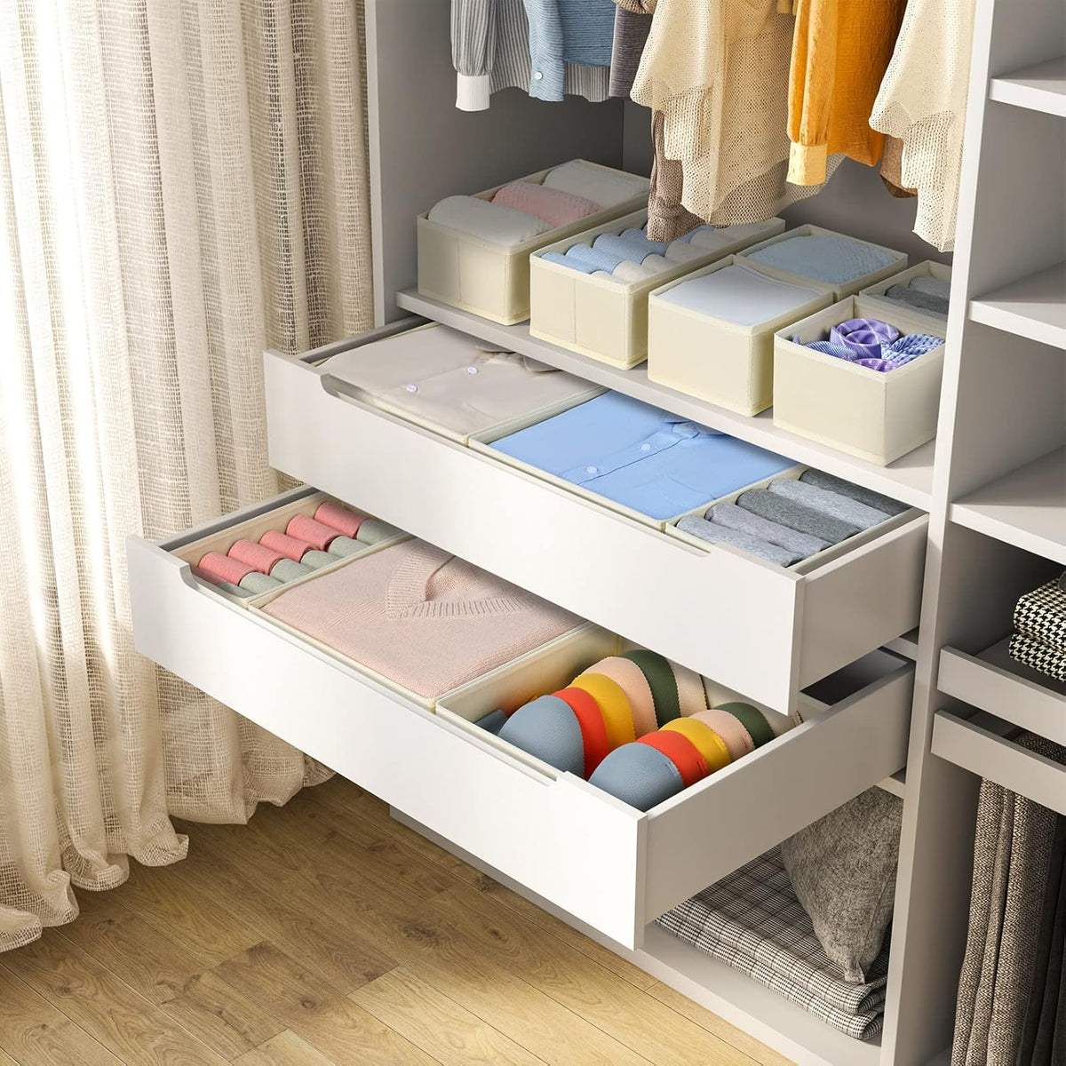 DIMJ Drawer Organizer Clothes, 12 Pack Dresser Organizer, Foldable Closet Organizers and Storage, Fabric Dresser Bins, Drawer Dividers for Nursery, Baby Clothes, Underwears, Sock (Beige)