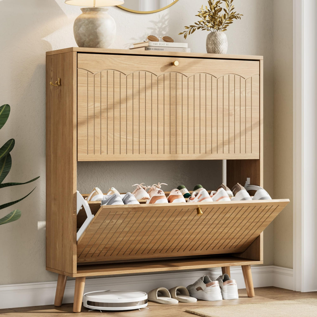 Nicetree Shoe Cabinet, 3 Flip Drawers & Adjustable Shelves, Ultra Slim Freestanding (9.1” Deep), Holds 30 Pairs, Narrow Shoe Storage Cabinet with Anti-Tip Safety, Modern Farmhouse White Walnut