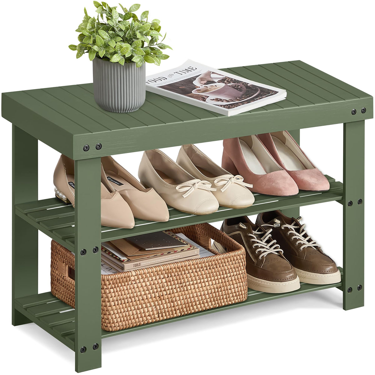 SONGMICS Shoe Rack Bench, 3-Tier Bamboo Entryway Bench, 27.6 Inches Width